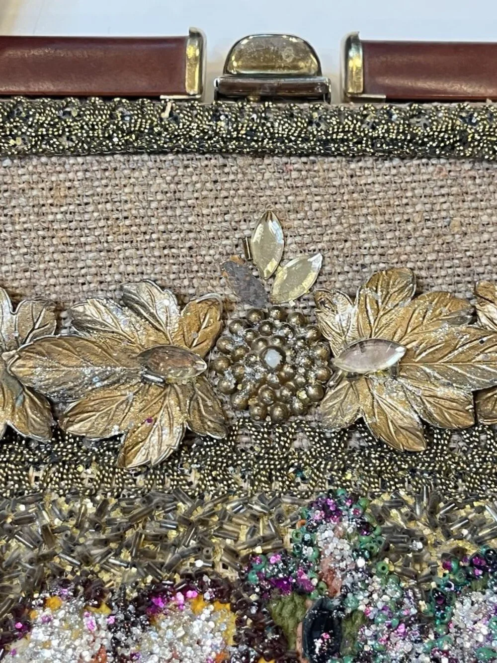 Vtg Beaded Floral Tapestry Handbag Frame Purse Top Handle Evening 1960s